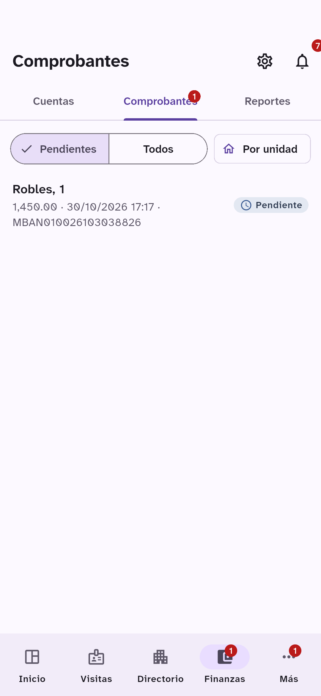 Comprobantes de pago pendientes de revisión, por unidad.