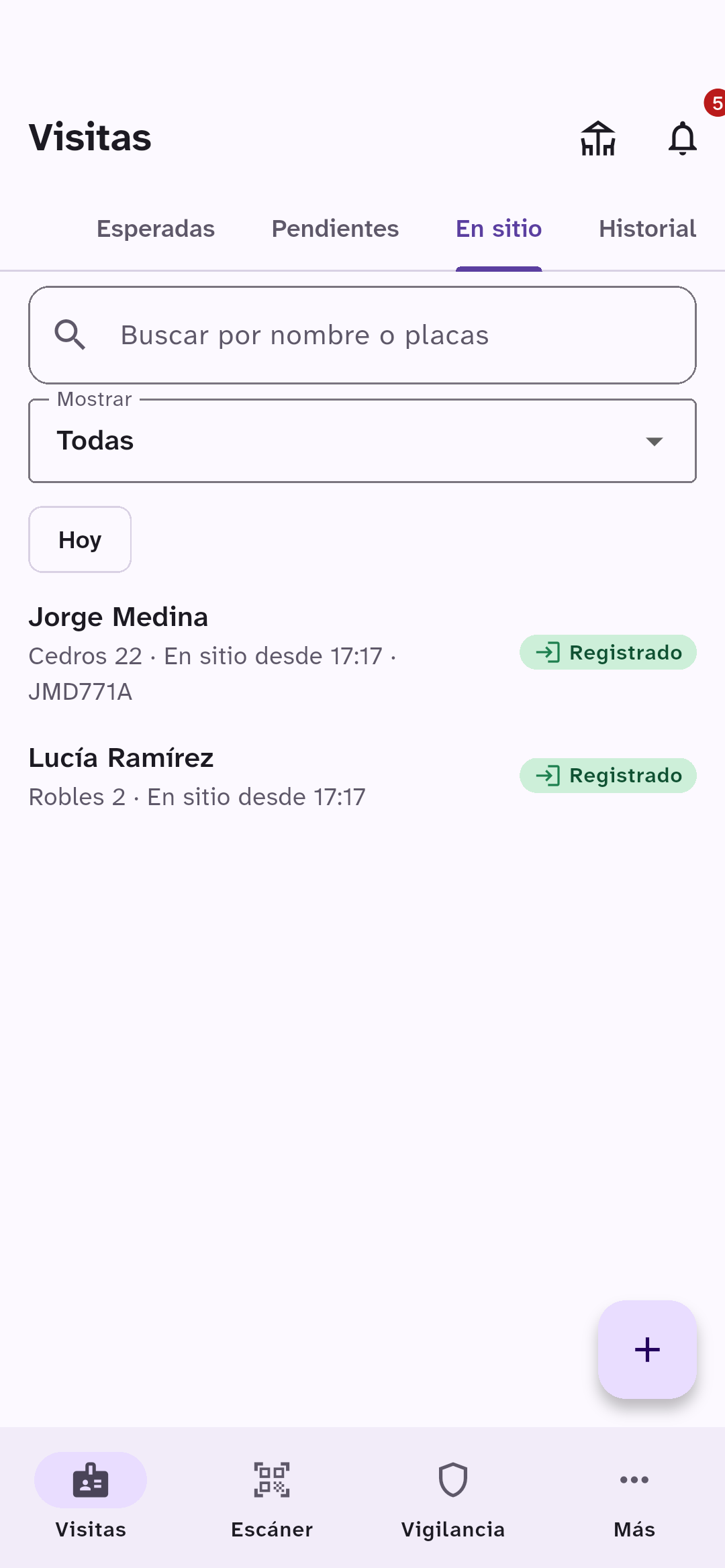 Pestaña En sitio de la caseta con dos visitantes registrados.