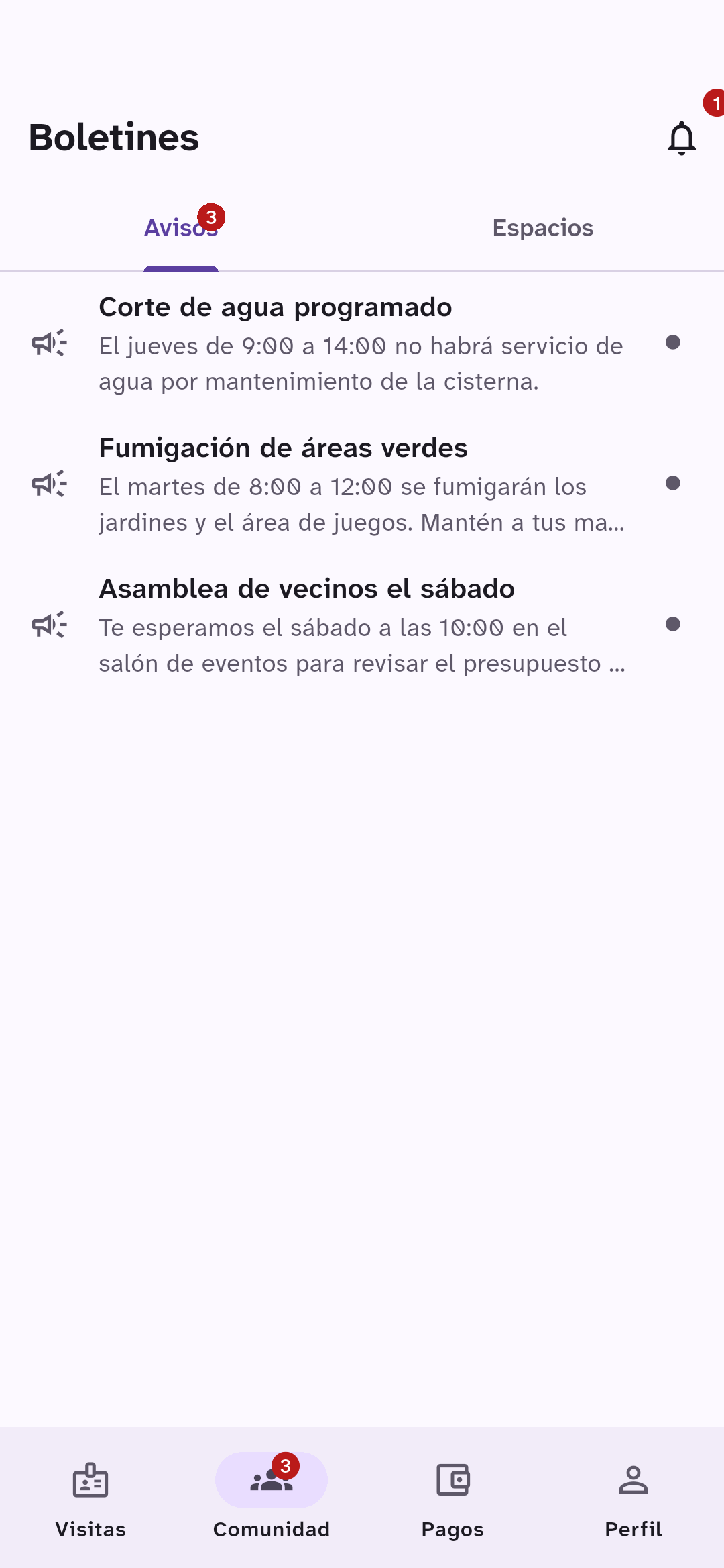 Avisos del fraccionamiento sin leer: corte de agua, fumigación y asamblea.