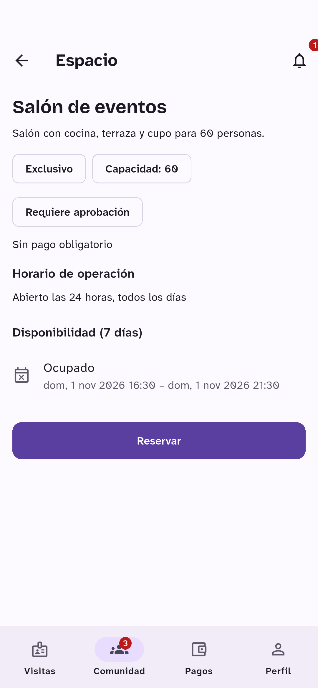 Salón de eventos con capacidad, horario y disponibilidad de 7 días.