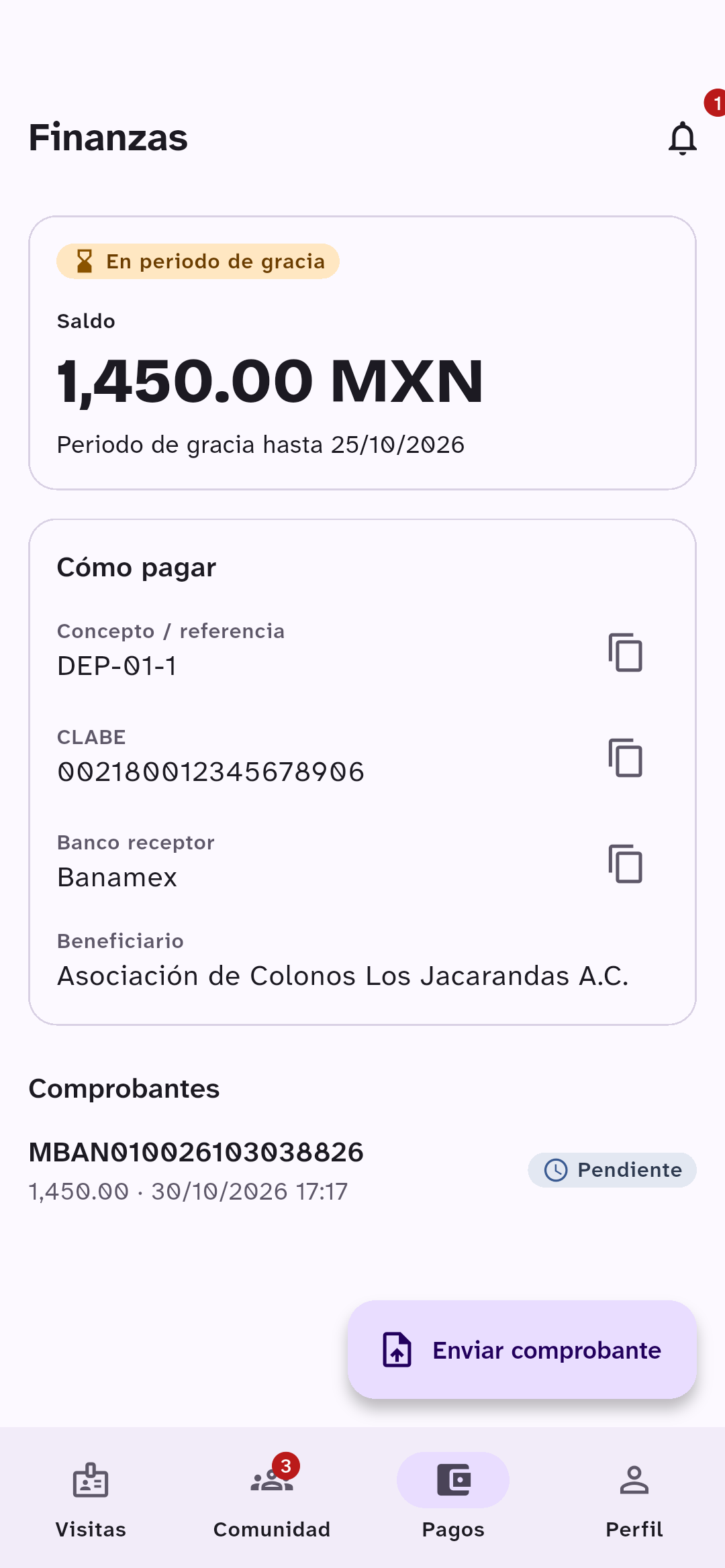 Pantalla Finanzas del residente: saldo en periodo de gracia, cómo pagar con referencia, CLABE, banco y beneficiario, y un comprobante pendiente.