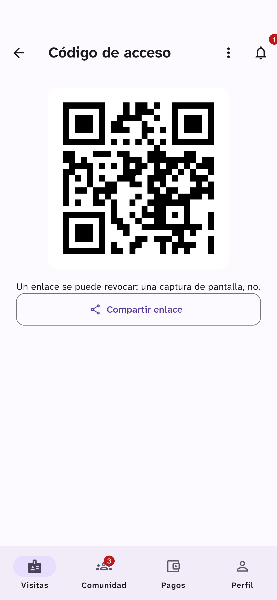 Código de acceso QR de una visita, con el botón Compartir enlace.