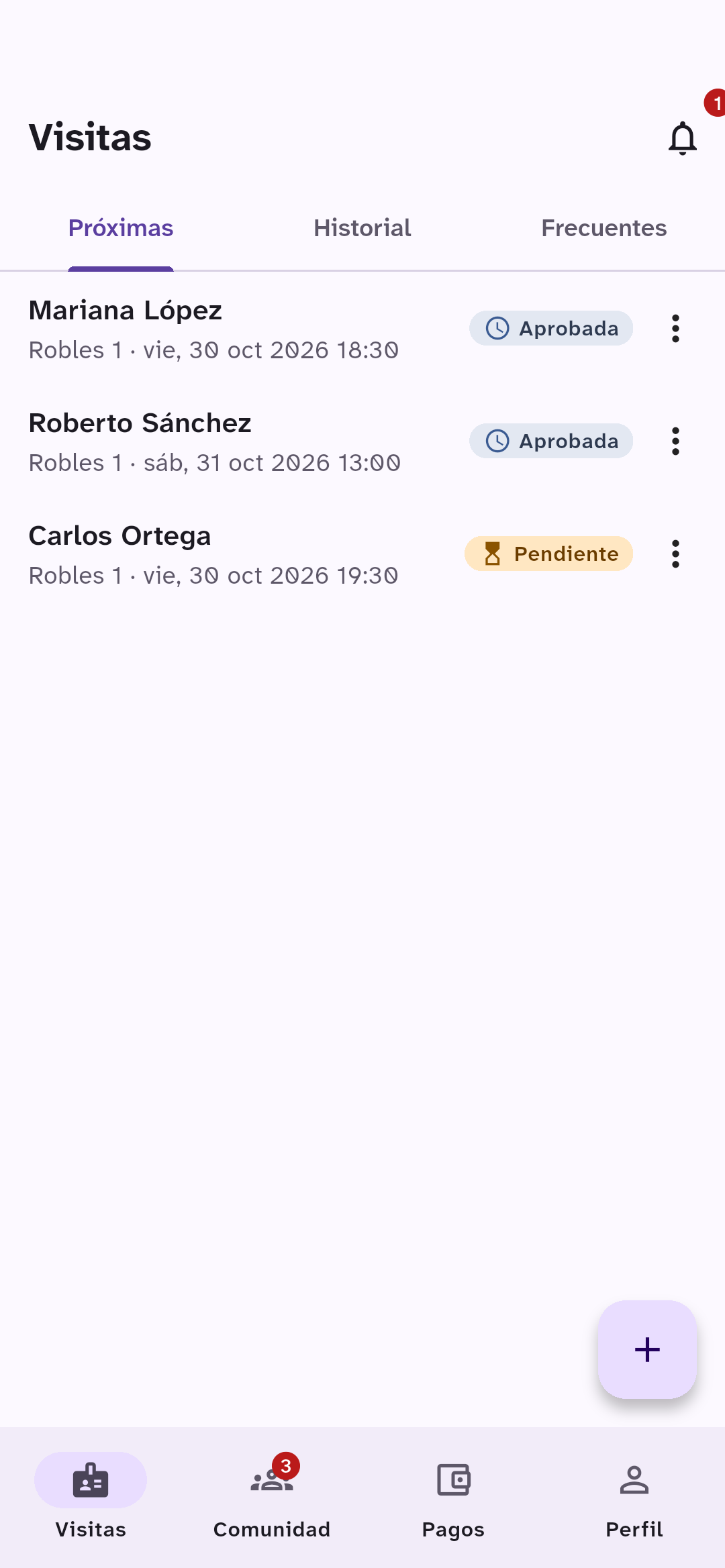 Lista de visitas del residente: próximas, con una aprobada y una pendiente.